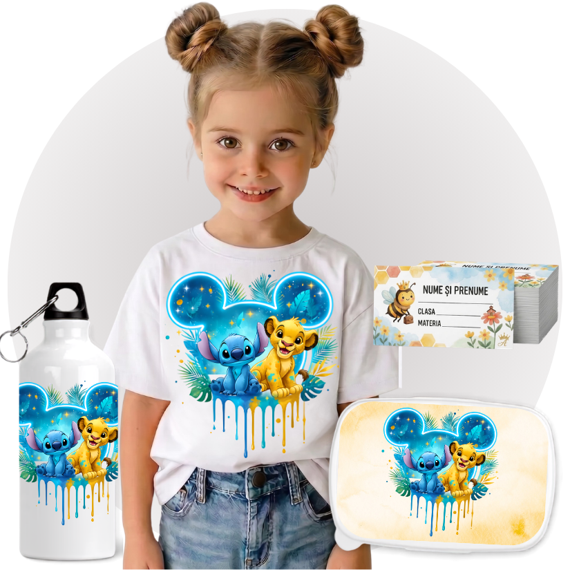 Set Promo Back to School Simba Stitch– Tricou + Cutie + Bidon Personalizat pentru copilul tău