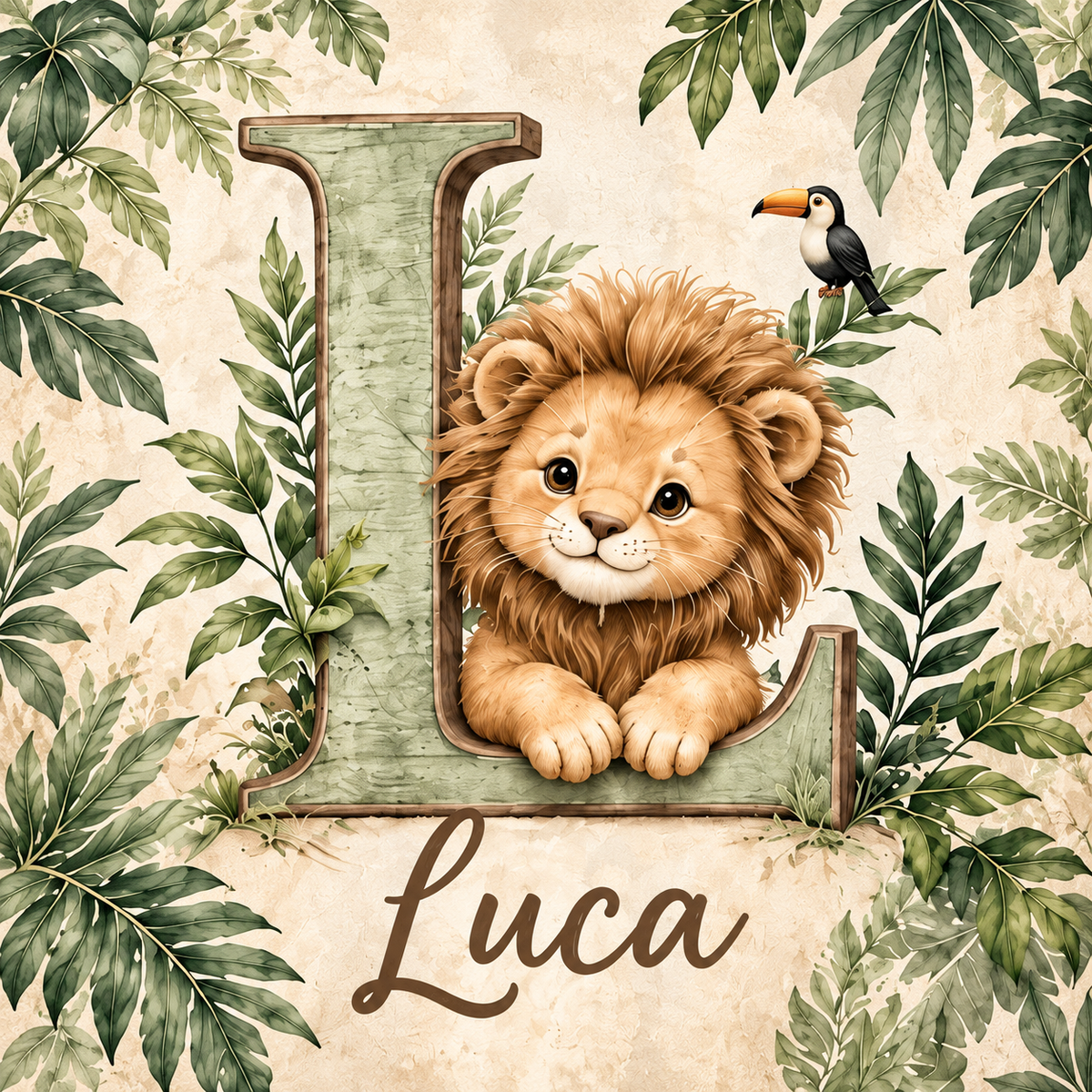 Tablou Canvas Personalizat Safari cu Leu și Inițială