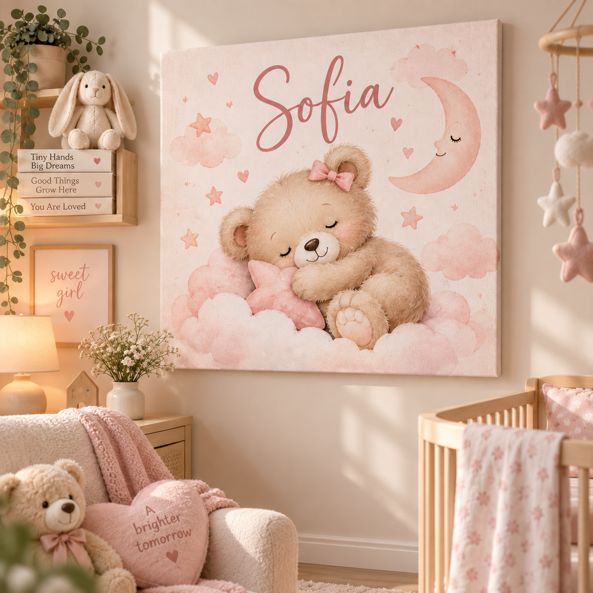Tablou Canvas Personalizat Ursuleț Baby Pink cu Nume