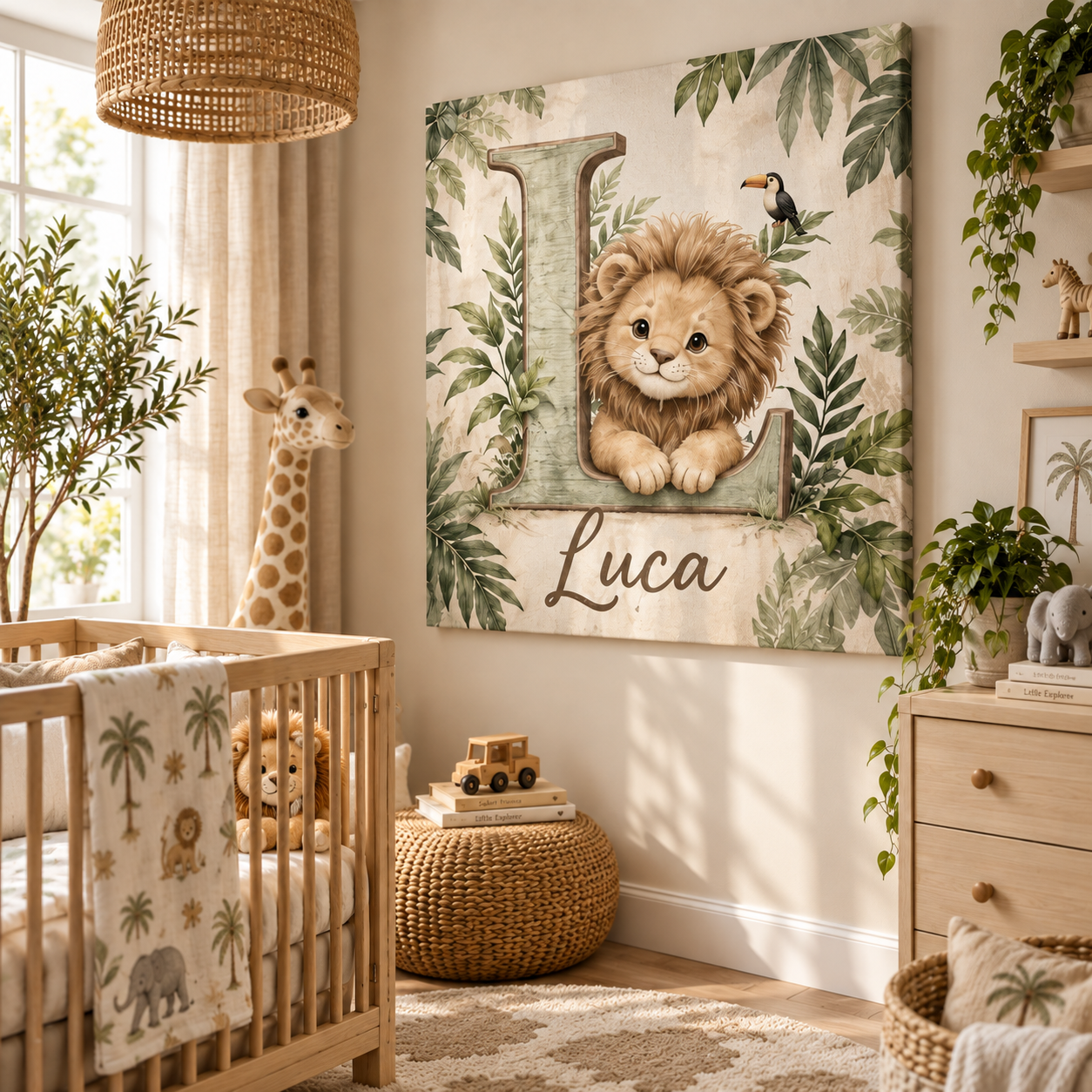Tablou Canvas Personalizat Safari cu Leu și Inițială