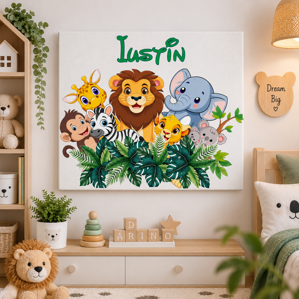 Tablou Canvas Personalizat Safari cu Girafa si prietenii, cu Nume