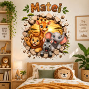 Stickere Decorative Perete Safari cu Animale – Leu, Elefant, Girafă și Frunze