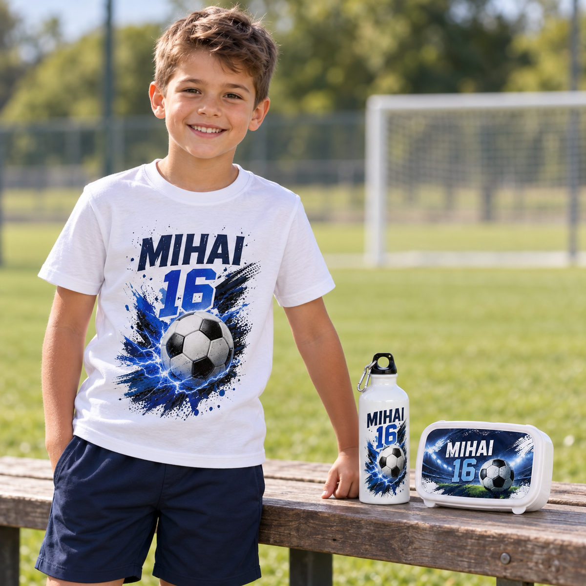 Tricou aniversar fotbalist personalizat cu nume și vârstă – Fulger Albastru