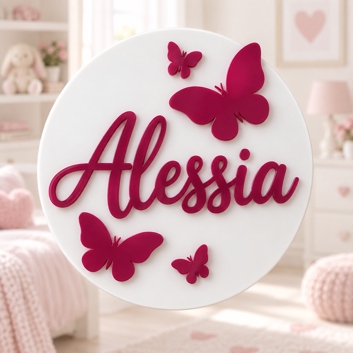 Decor Alesia din plexiglas alb cu nume Alessia și fluturi roz mură, fundal discret