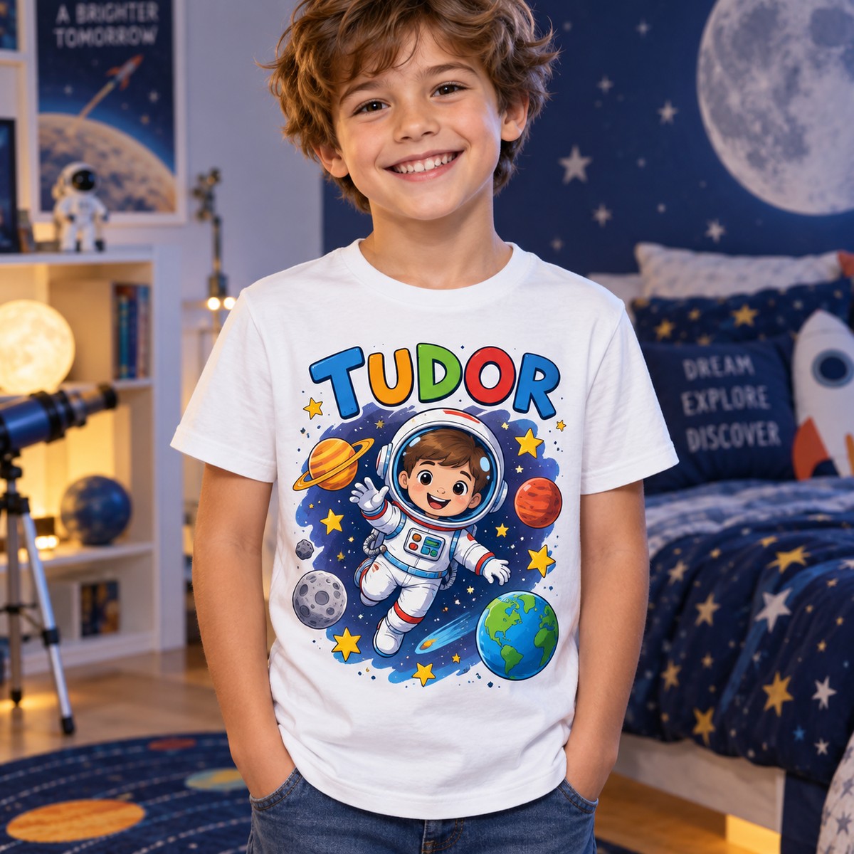 Tricou alb pentru băieți cu astronaut și numele Tudor – imagine 2