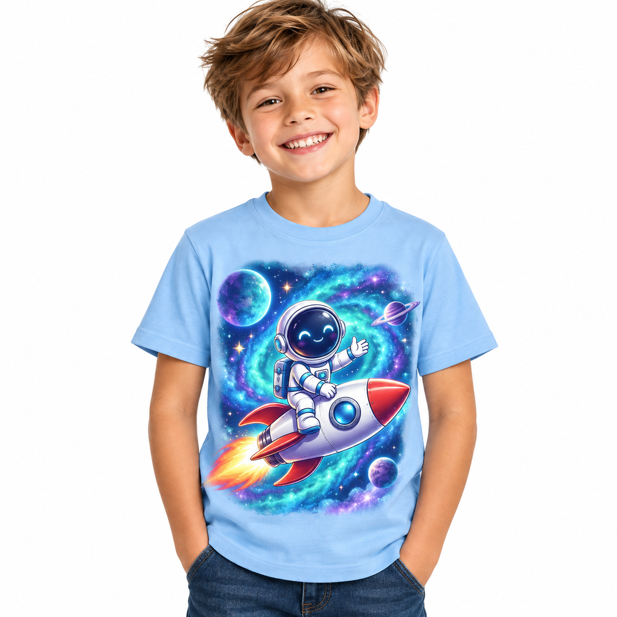 Tricou bleu pentru băieți cu astronaut și rachetă – imagine 1