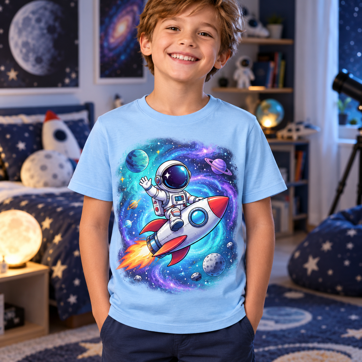 Tricou bleu pentru băieți cu astronaut și rachetă – imagine 2