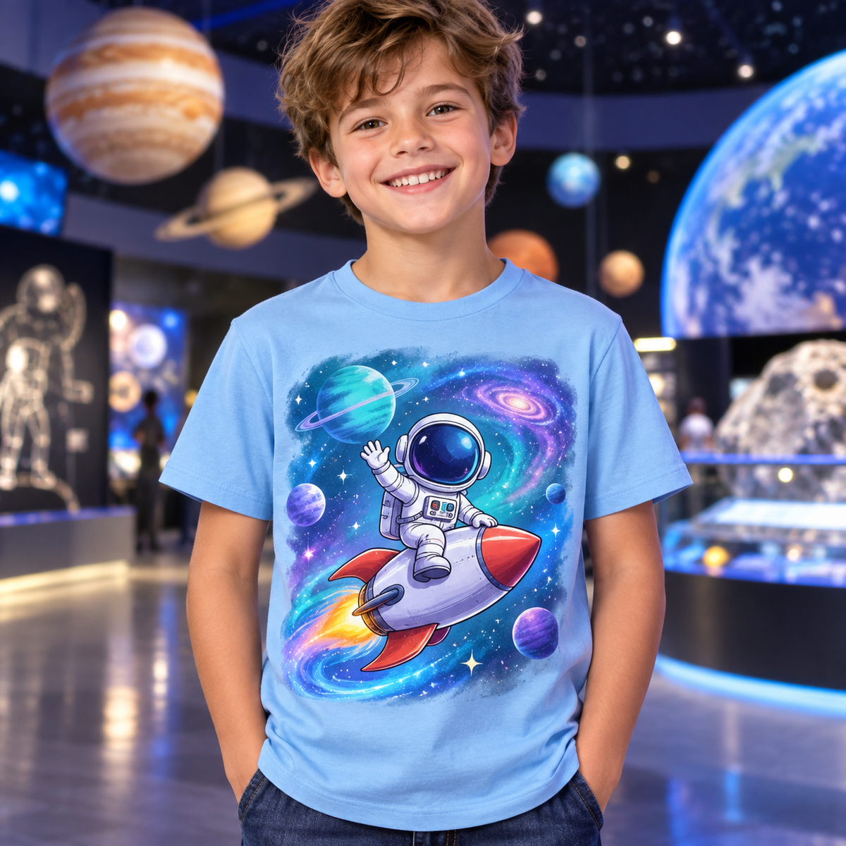 Tricou bleu pentru băieți cu astronaut și rachetă – imagine 3