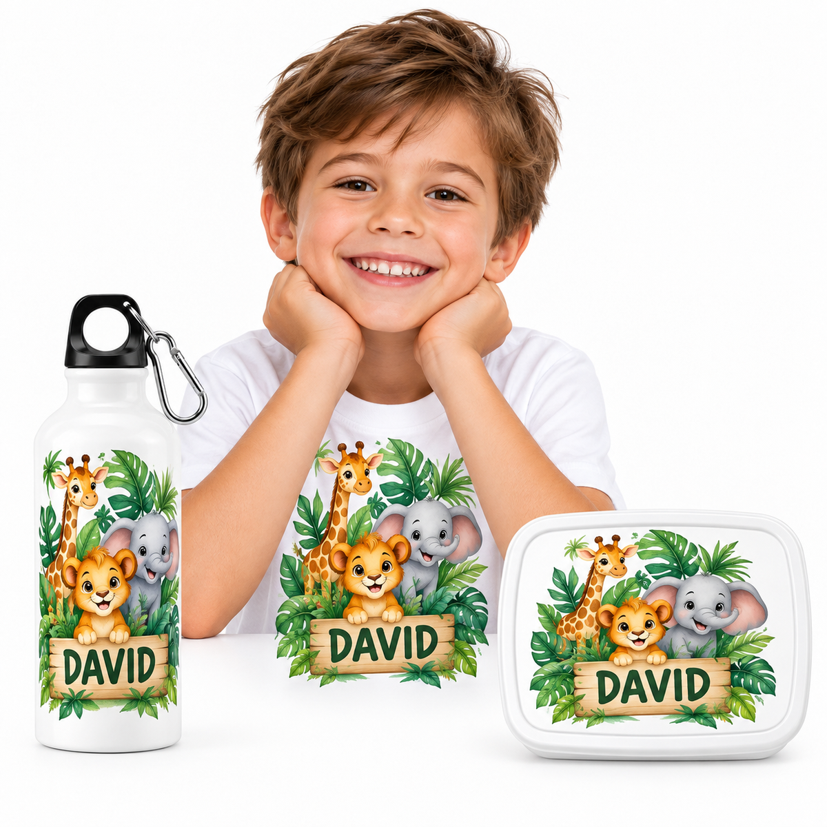 Set școlar personalizat Aventură în Junglă – Tricou + Cutie sandwich + Bidon – imagine 1
