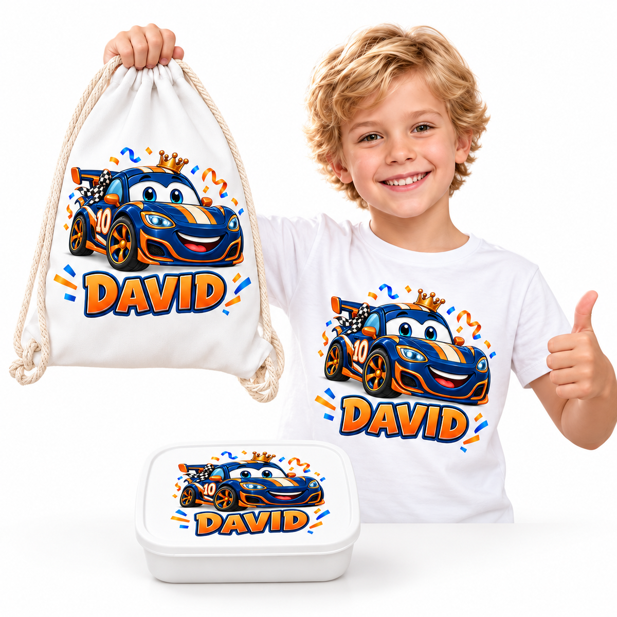 Set școlar Aventura de Raliu personalizat – copil, tricou, săculeț și caserolă