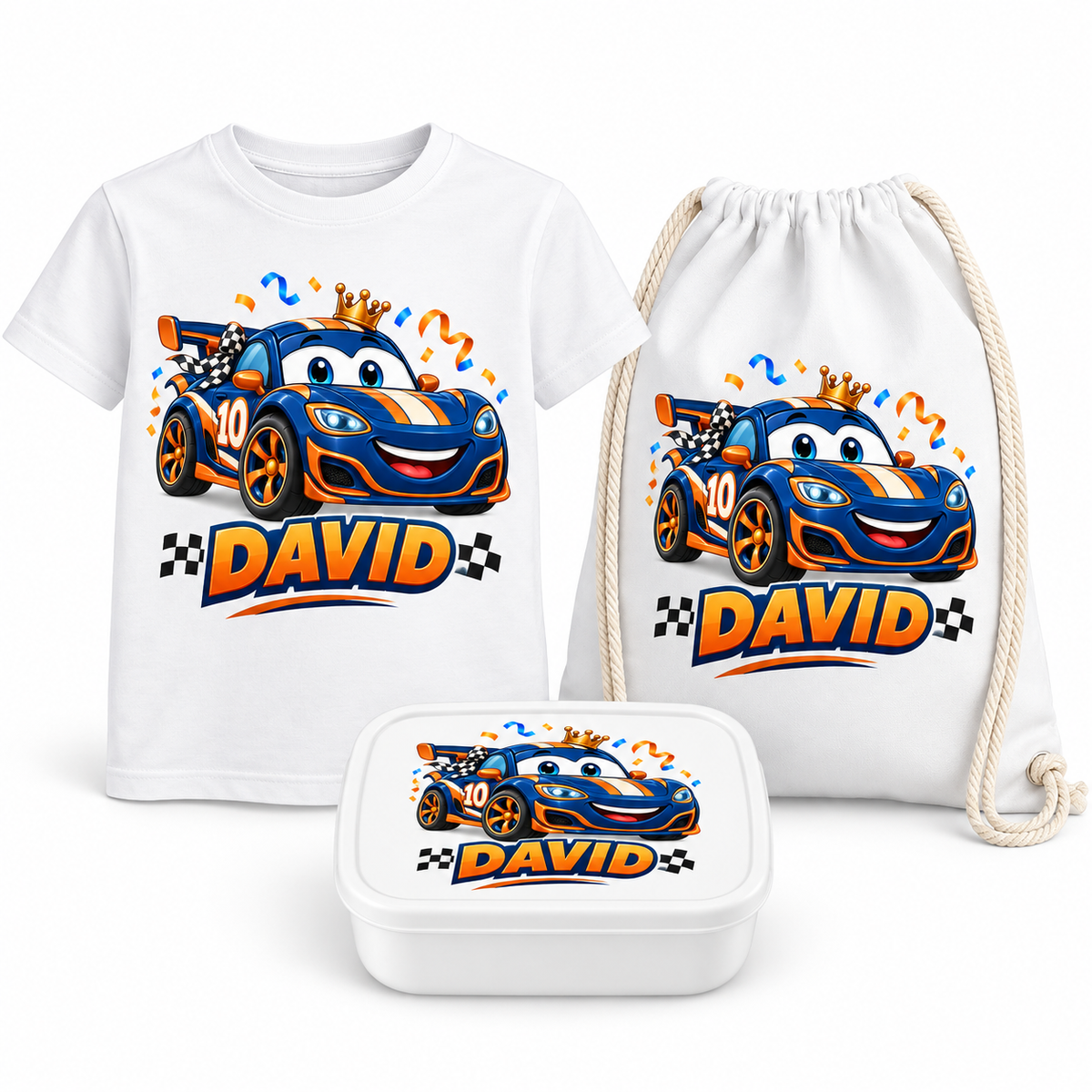 Set școlar Aventura de Raliu – tricou, săculeț și caserolă pe fundal alb