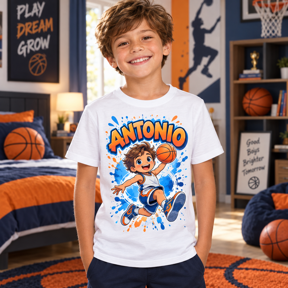 Tricou alb pentru băieți cu baschetbalist și numele Antonio – imagine 2