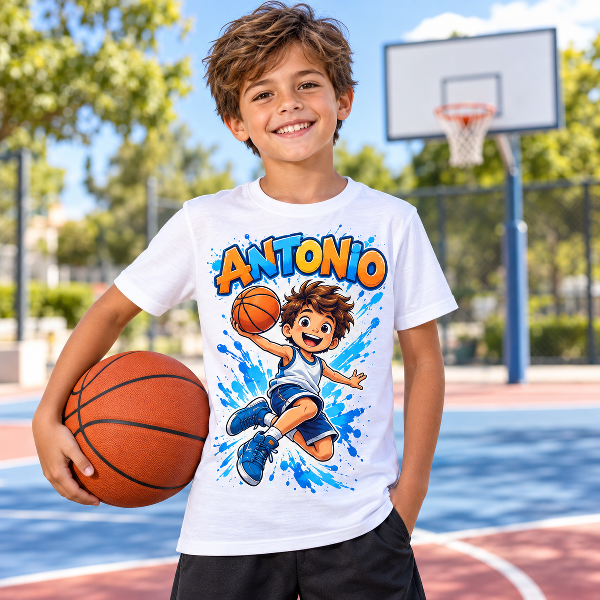 Tricou alb pentru băieți cu baschetbalist și numele Antonio – imagine 3