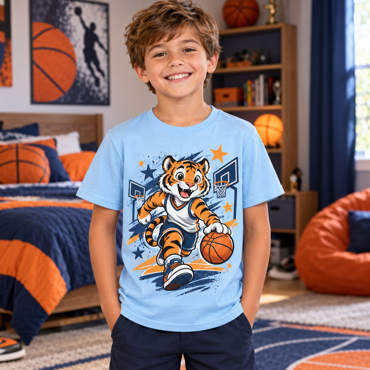 Tricou bleu pentru băieți cu tigru baschetbalist – imagine 2