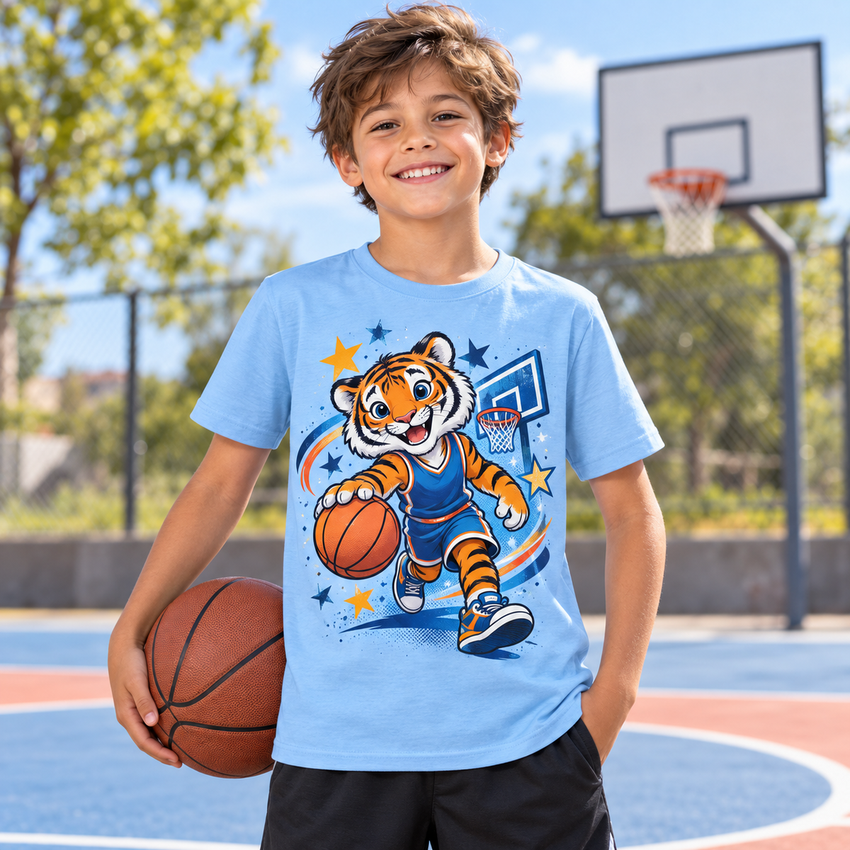 Tricou bleu pentru băieți cu tigru baschetbalist – imagine 3