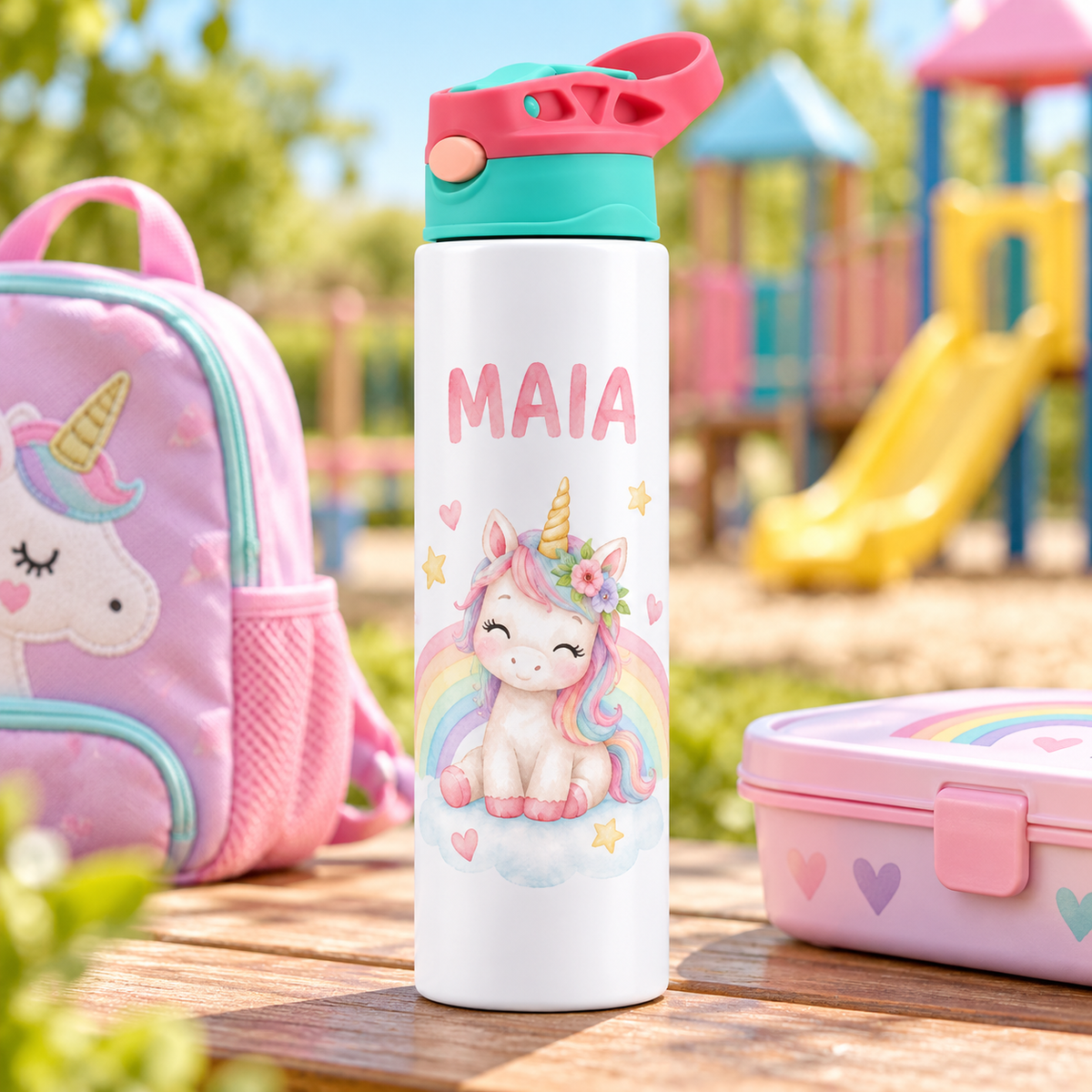 Bidonaș de apă unicorn și curcubeu pastel în ambient parc de joacă pastel