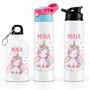 Bidonaș de apă unicorn și curcubeu pastel - trei modele pe fundal alb