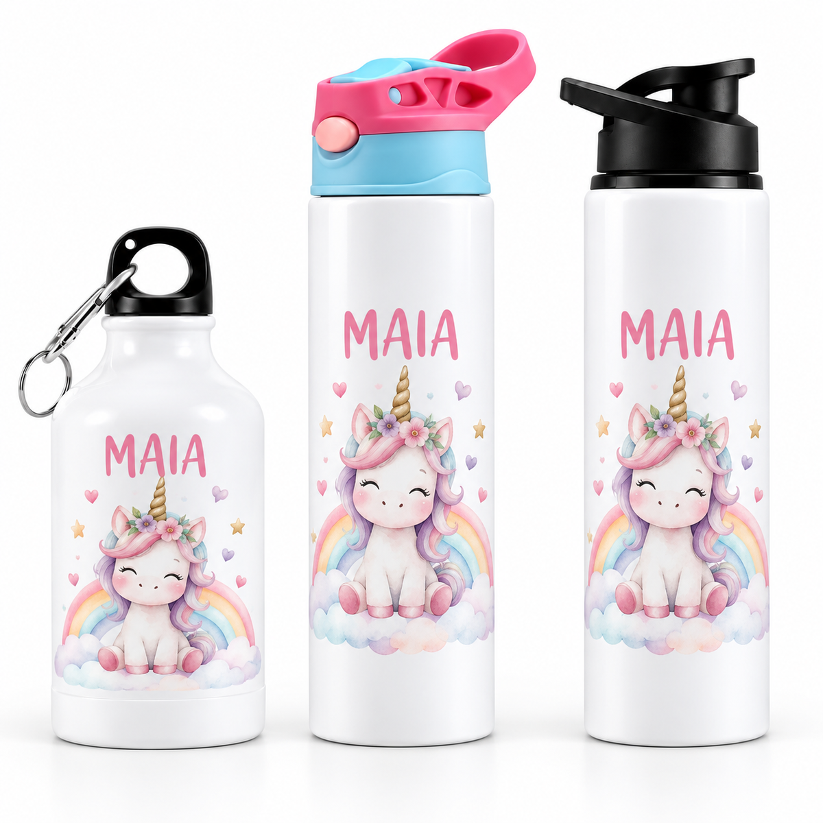 Bidonaș de apă unicorn și curcubeu pastel - trei modele pe fundal alb