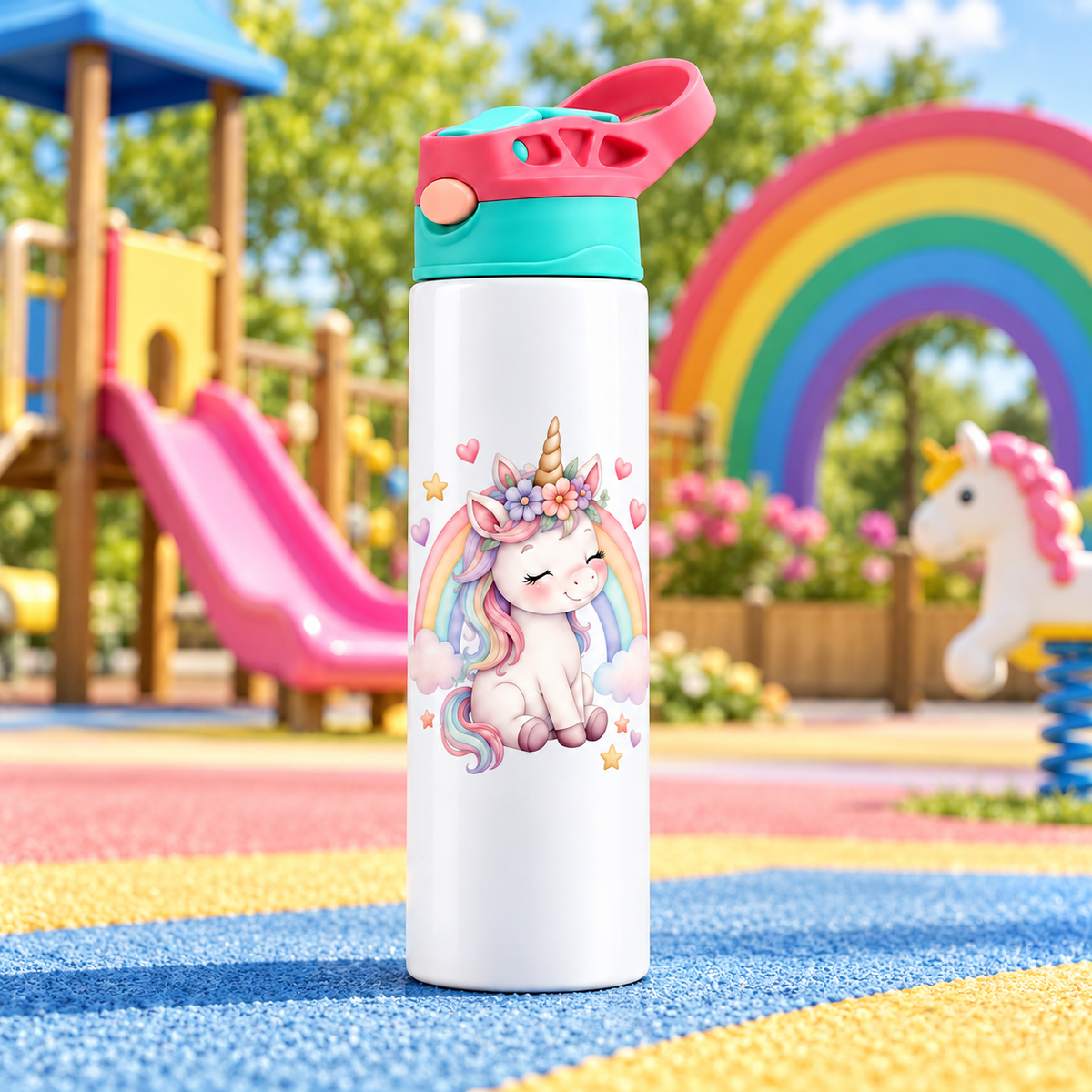 Bidonaș de apă unicorn floral și curcubeu în ambient parc de joacă cu curcubeu