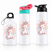 Bidonaș de apă unicorn floral și curcubeu - trei modele pe fundal alb