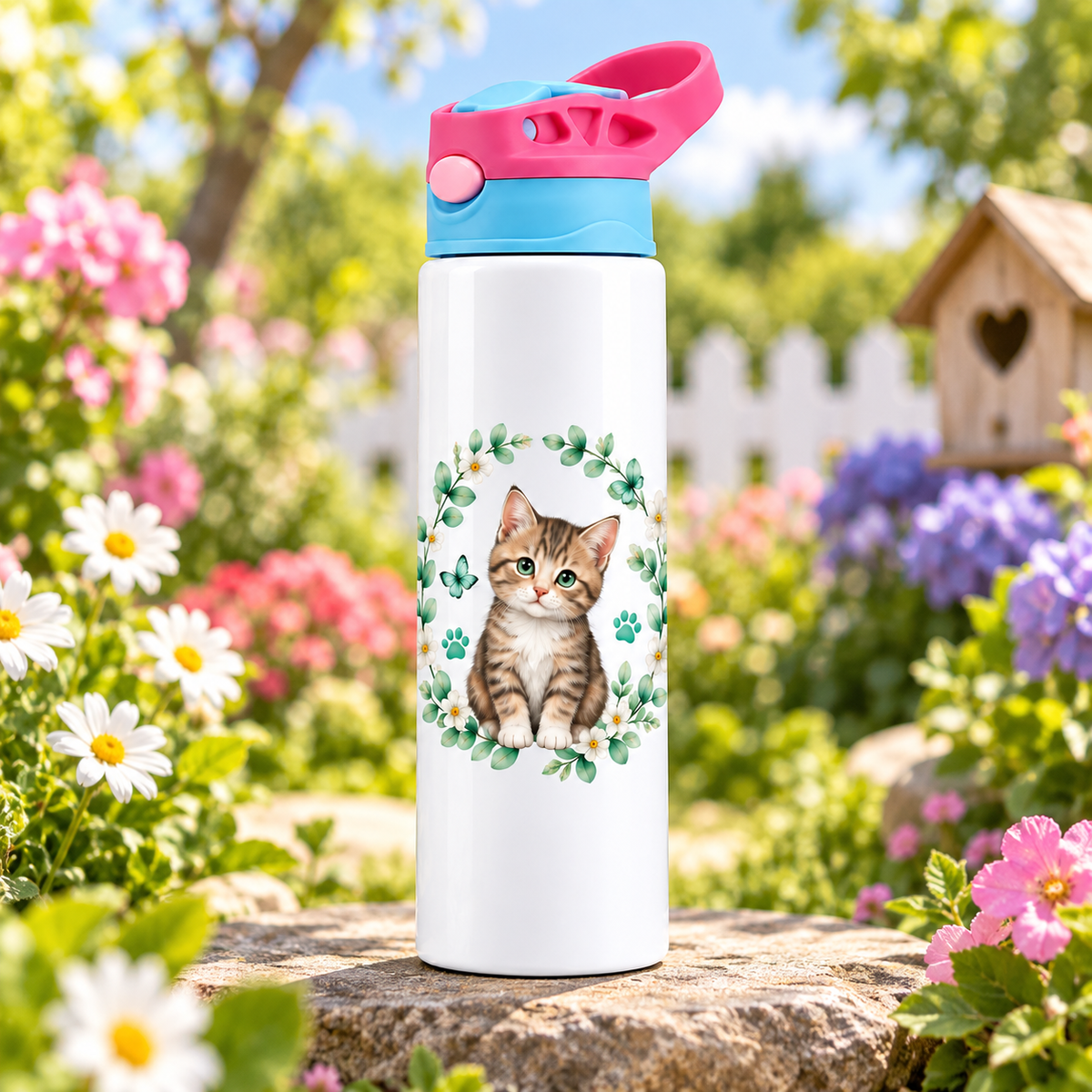 Bidonaș de apă pisicuță cu coroniță florală în ambient grădină cu flori