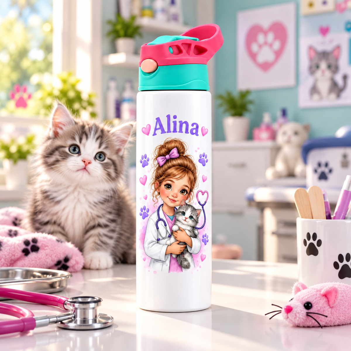 Bidonaș de apă mică veterinară cu pisicuță în ambient cabinet veterinar pentru copii