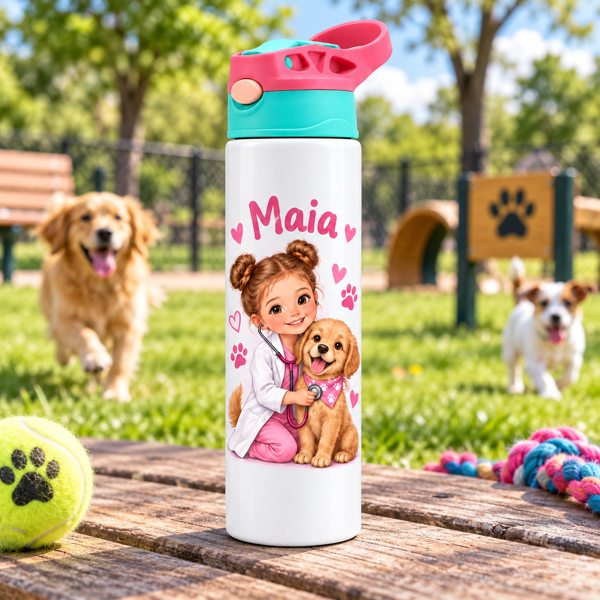 Bidonaș de apă mică veterinară cu cățeluș în ambient