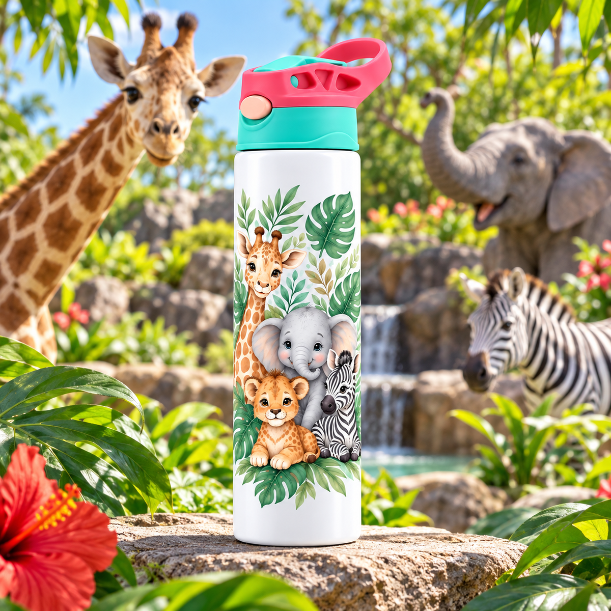 Bidonaș de apă animale safari și frunze tropicale în ambient