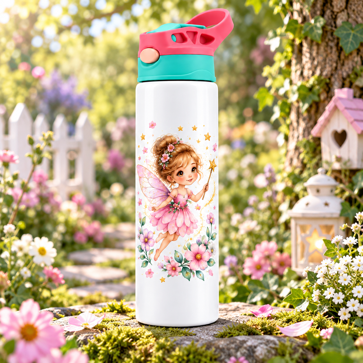 Bidonaș de apă zână, flori și praf de stele în ambient