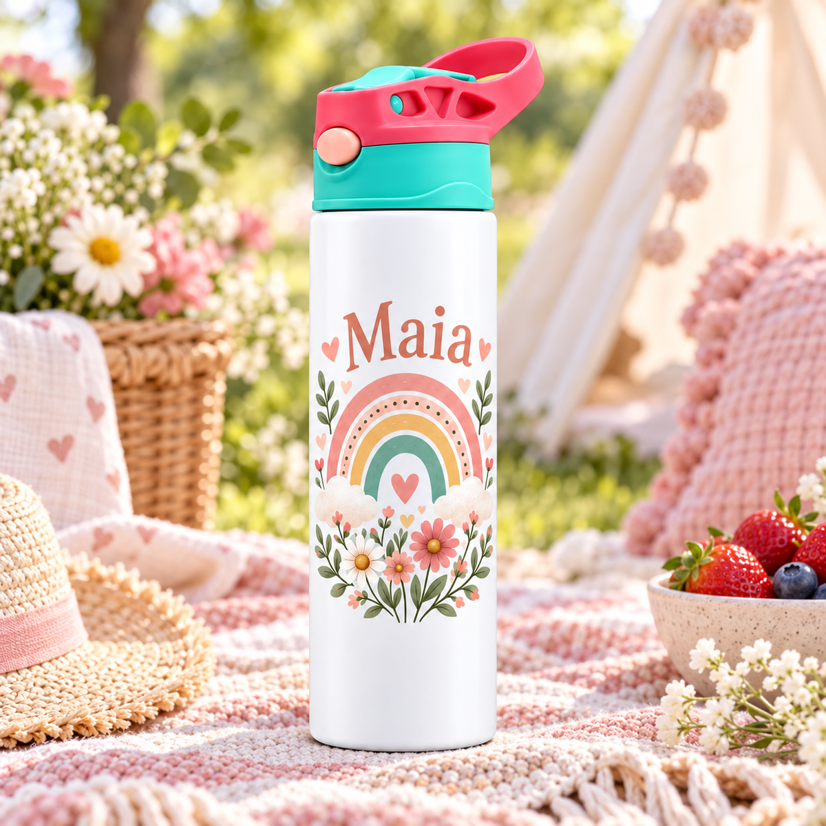 Bidonaș de apă curcubeu boho în ambient