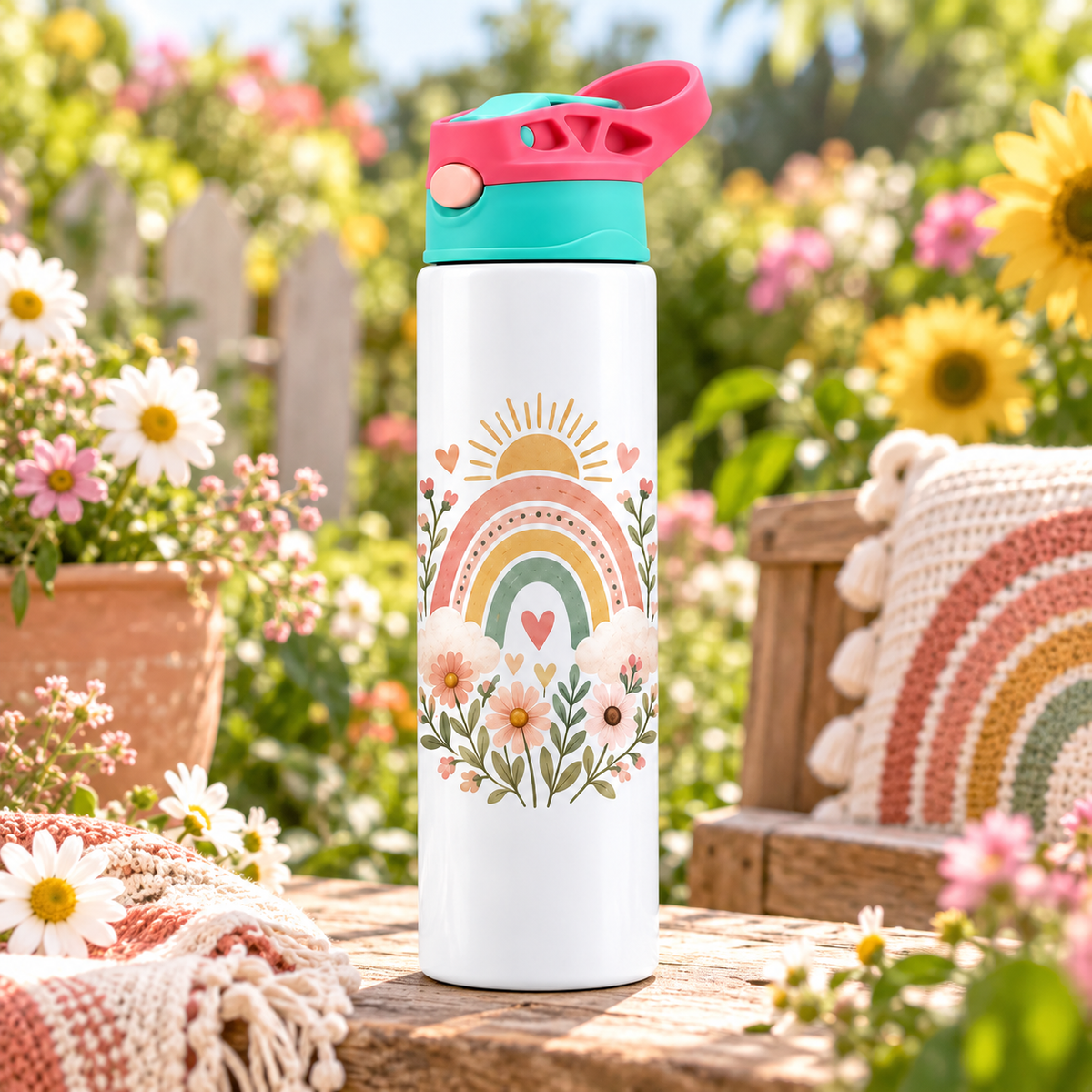 Bidonaș de apă curcubeu boho și flori în ambient