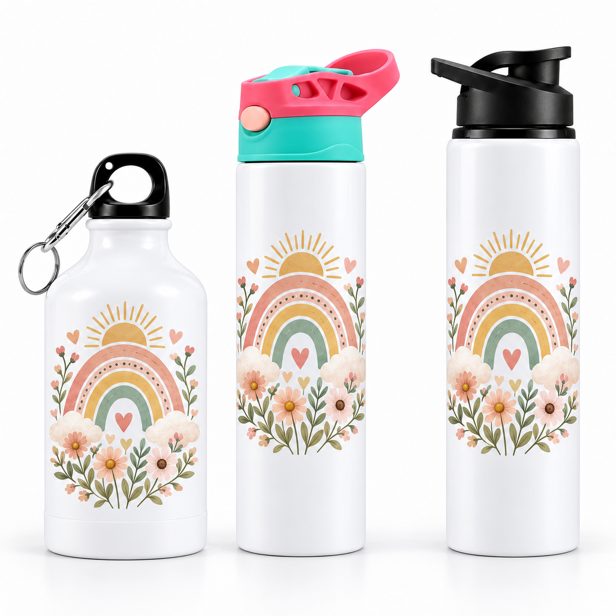 Bidonaș de apă curcubeu boho și flori - trei modele