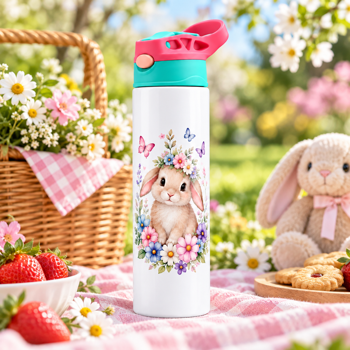 Bidonaș de apă iepuraș cu coroniță florală în ambient