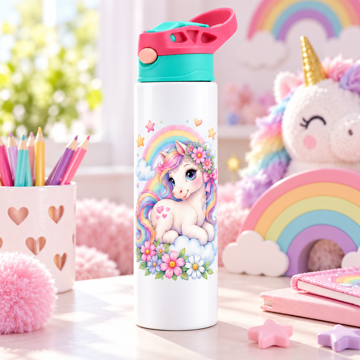 Bidonaș de apă ponei pastel și curcubeu în ambient