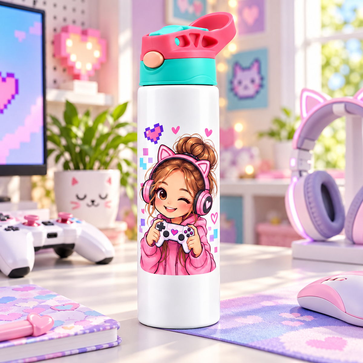 Bidonaș de apă gamer girl cu consolă și căști în ambient