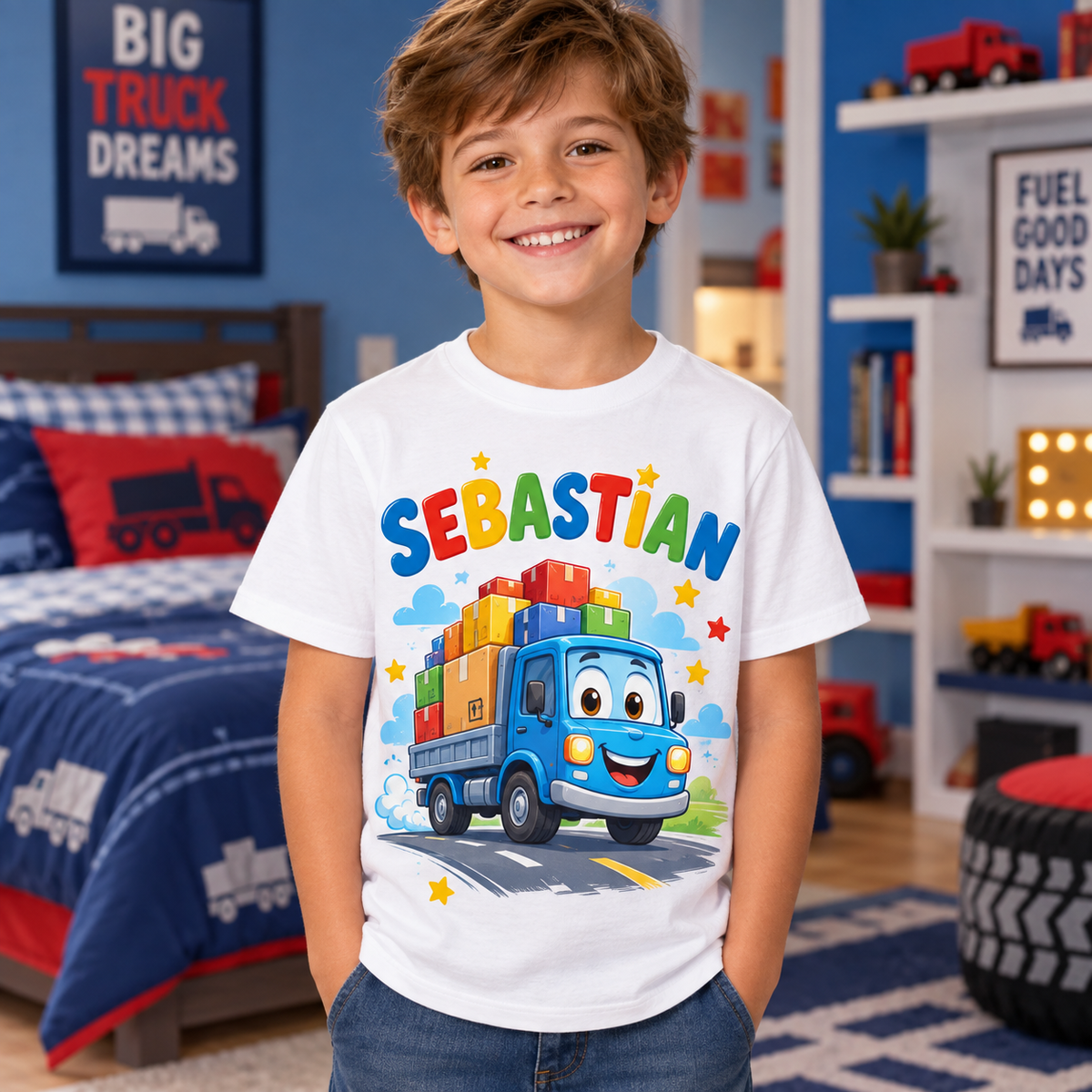 Tricou alb pentru băieți cu camion vesel și numele Sebastian – imagine 2