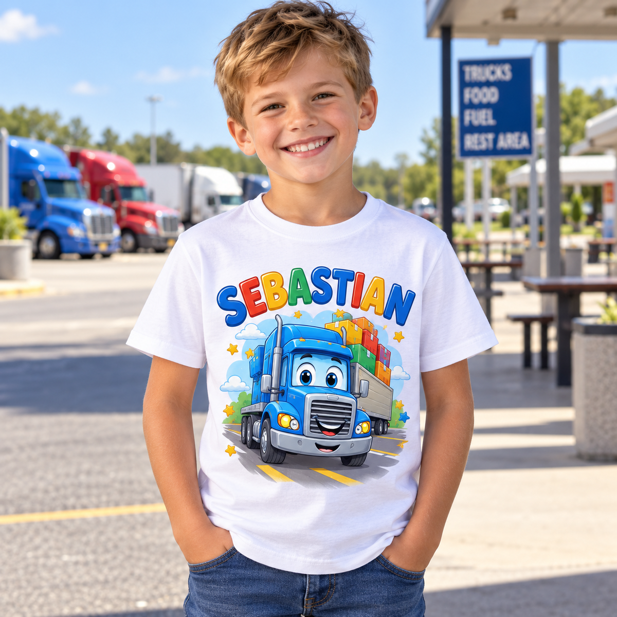 Tricou alb pentru băieți cu camion vesel și numele Sebastian – imagine 3
