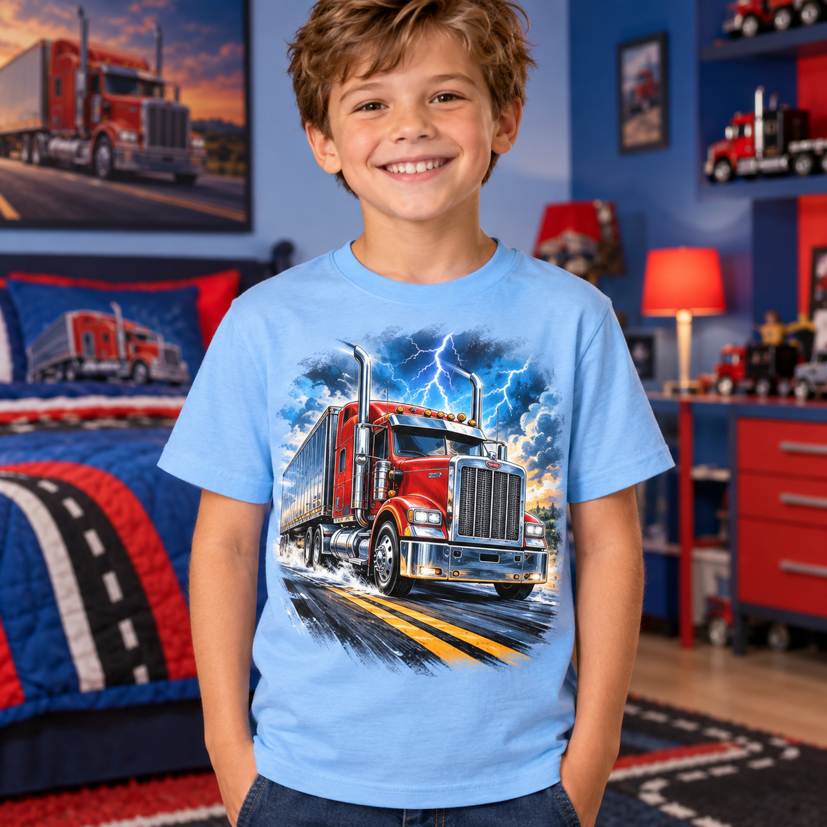 Tricou bleu pentru băieți cu camion roșu – imagine 2