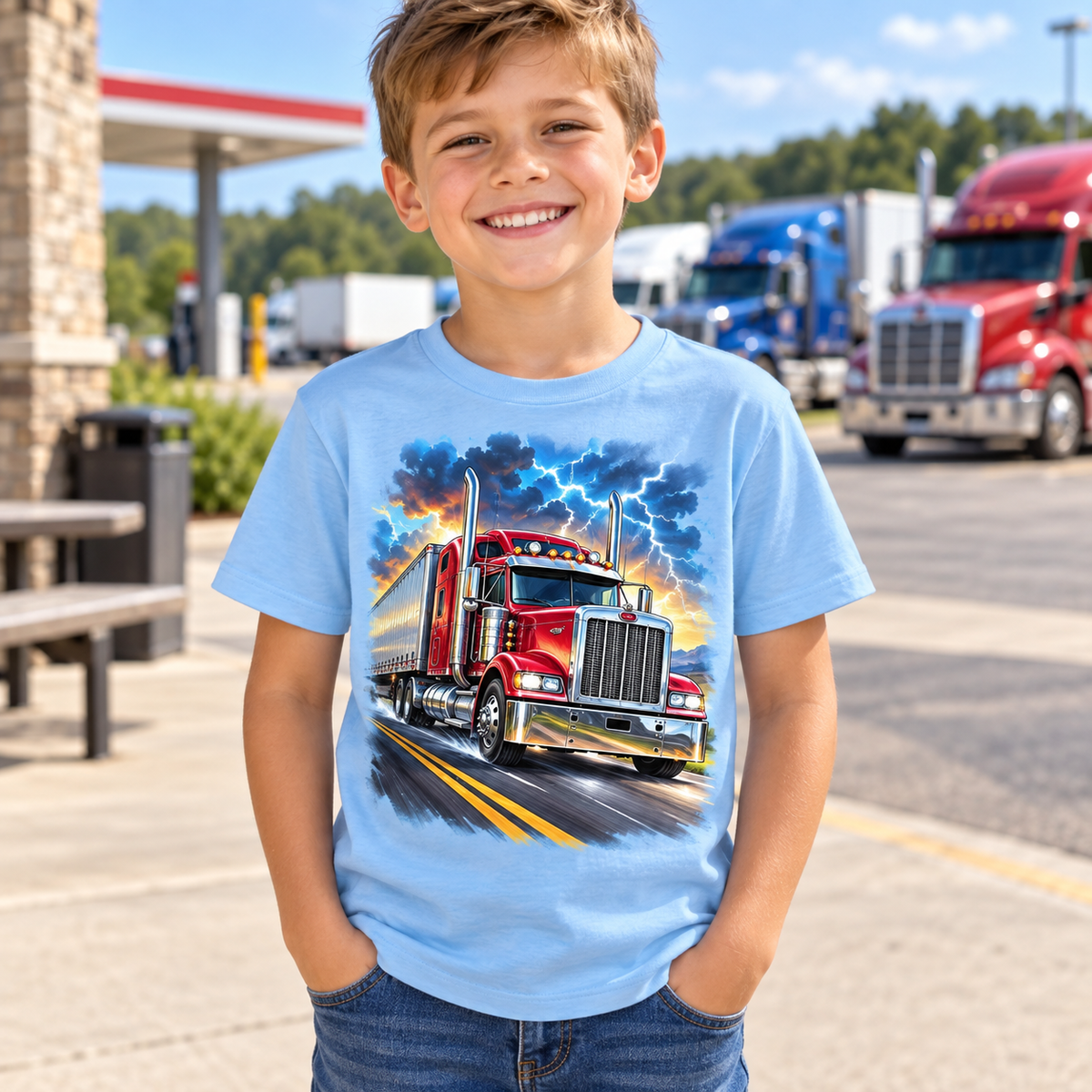 Tricou bleu pentru băieți cu camion roșu – imagine 3