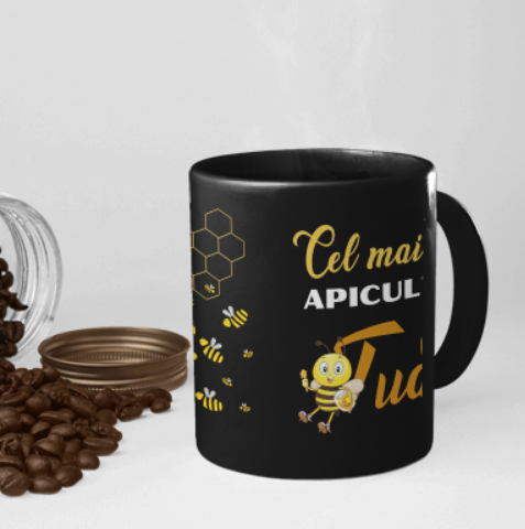 Cană cadou pentru apicultori cu albine  si miere, culoare neagra, eCADOU, CAP10004