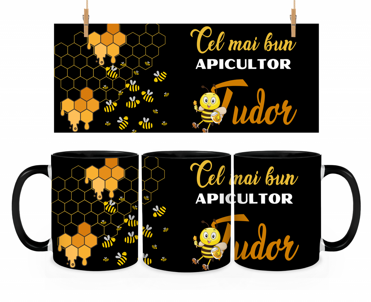 Cană cadou pentru apicultori cu albine  si miere, culoare neagra, eCADOU, CAP10004
