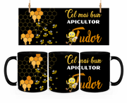 Cană cadou pentru apicultori cu albine  si miere, culoare neagra, eCADOU, CAP10004