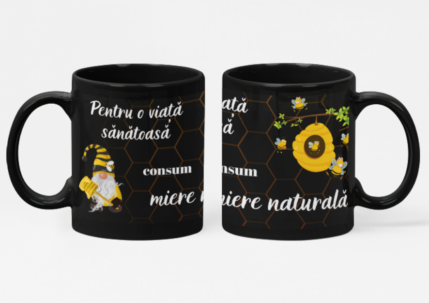 Cană cadou pentru apicultori cu albine  si miere, culoare neagra, eCADOU, CAP10005
