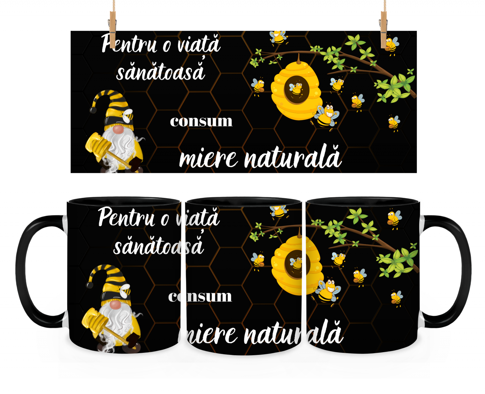 Cană cadou pentru apicultori cu albine  si miere, culoare neagra, eCADOU, CAP10005