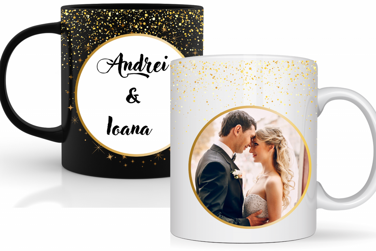 Cana personalizata cu poza si text pentru cuplu  sau tineri casatoriti cu glitter auriu CPF115_13