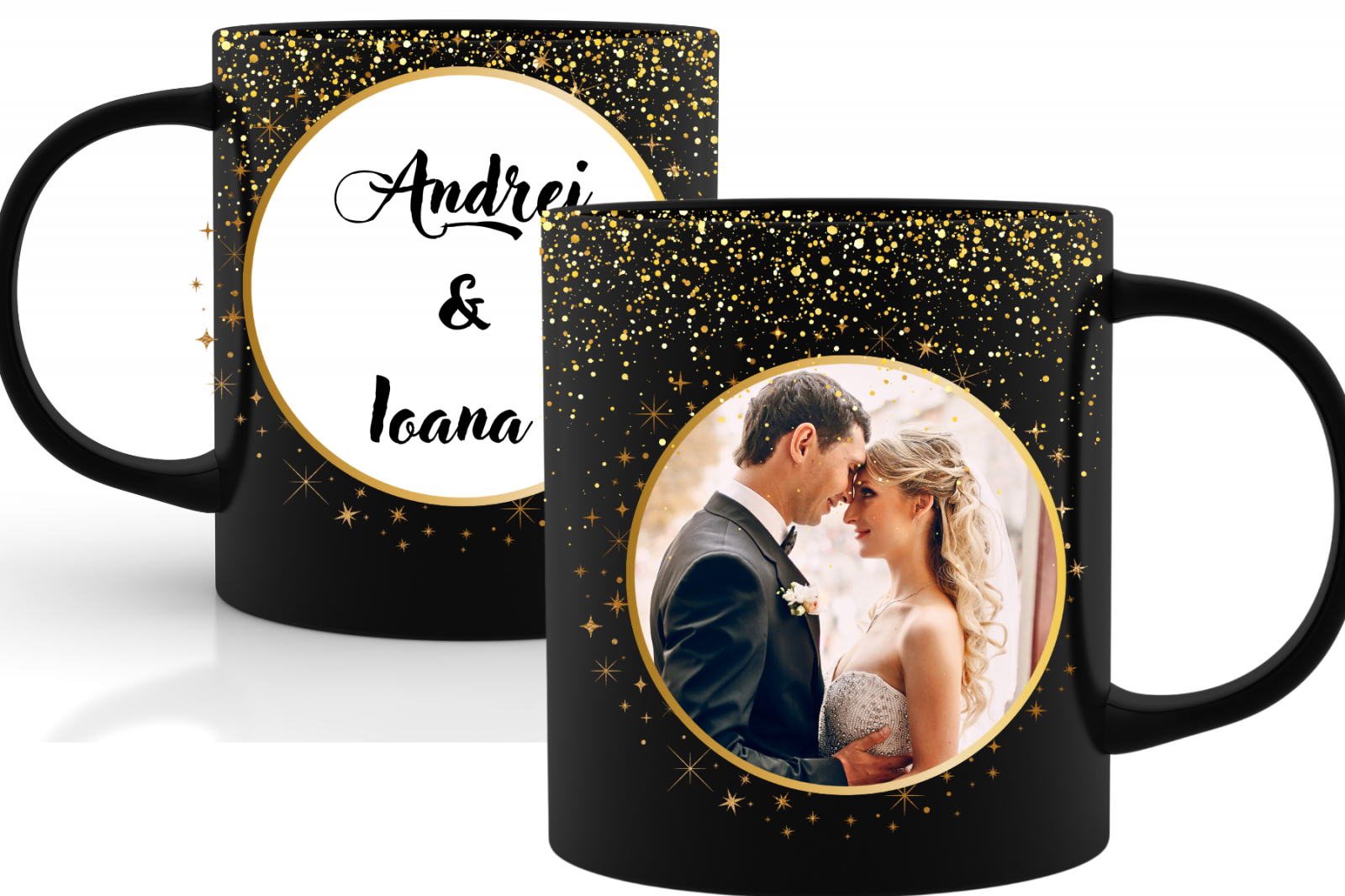 Cana personalizata cu poza si text pentru cuplu  sau tineri casatoriti cu glitter auriu CPF115_13