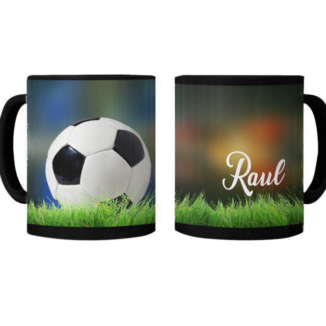 Cană personalizată fotbal cu poză și nume CPF10016, culoare neagra, eCADOU