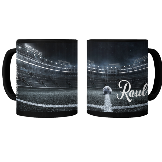 Cană personalizată fotbal cu poză și nume CPF10017, culoare neagra, eCADOU