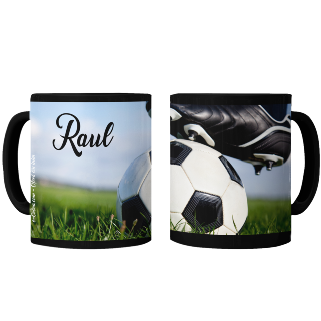 Cană personalizată fotbal cu poză și nume CPF10018, culoare neagra, eCADOU