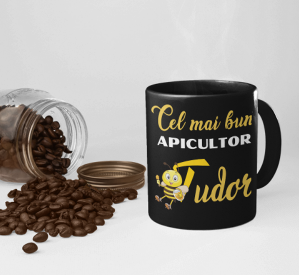 Cană cadou pentru apicultori cu albine  si miere, culoare neagra, eCADOU, CAP10001